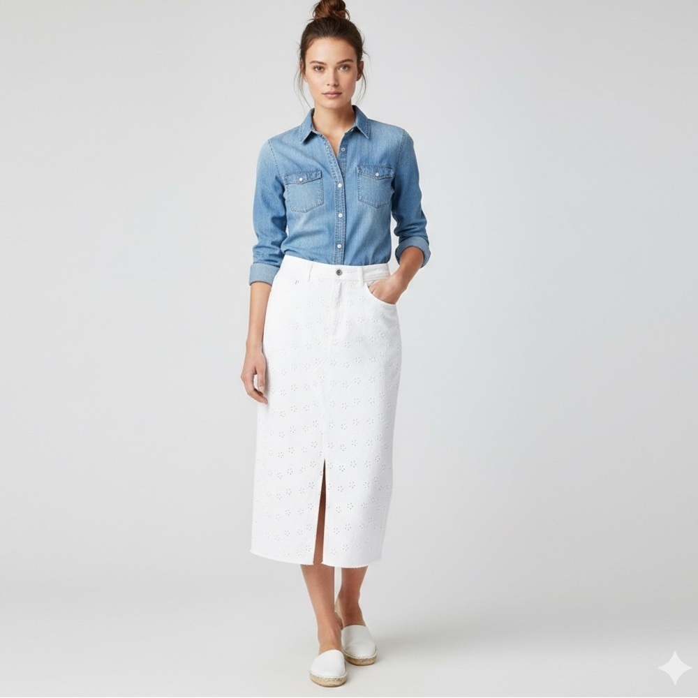 NWT GUESS Denim Eyelet Jean Skirt White Size 27 NEW
